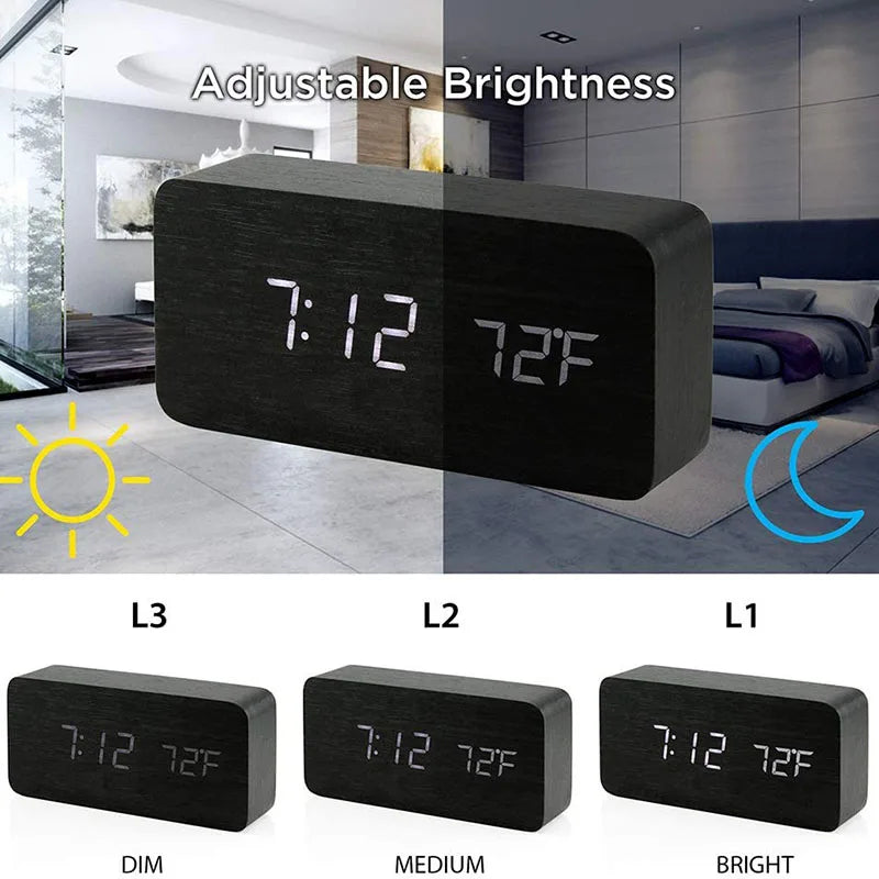 Wooden LED Alarm Clock with Temperature