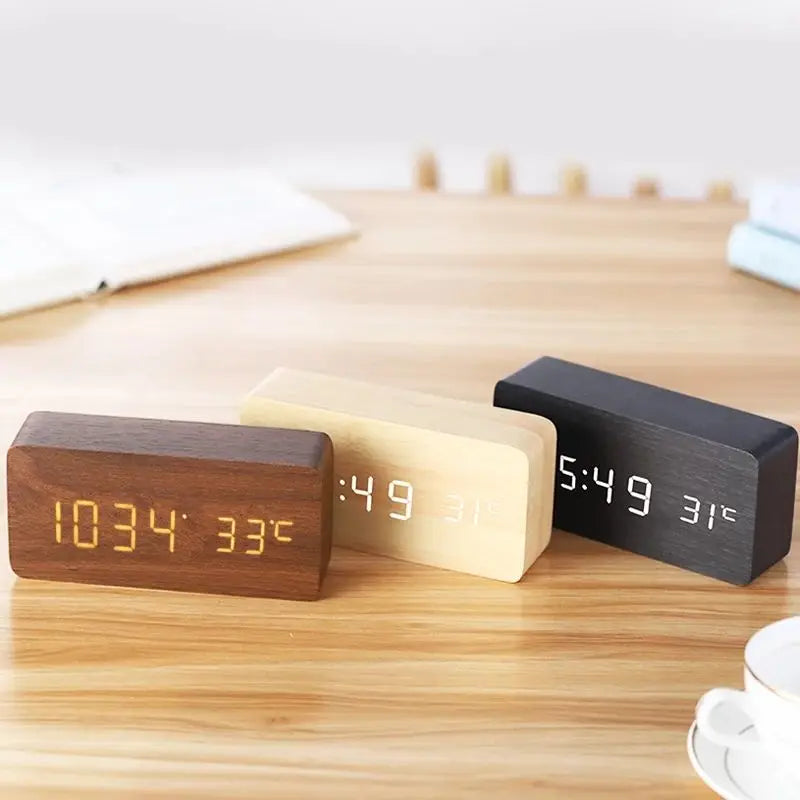 Wooden LED Alarm Clock with Temperature